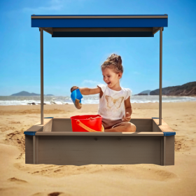 Children's Wooden Sandbox with Adjustable Canopy, Sand box with cover for Garden, Sand Pit for Kids Wood Playset Beach Patio Outdoor Backyard - Upgrad