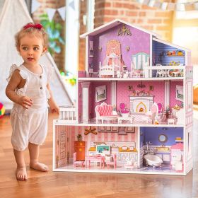 Robud Victoria Wooden Dollhouse for Kids with 24pcs Furniture Preschool Toy