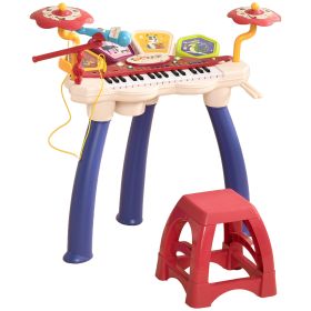 2 in 1 Kids Piano Keyboard with Drum Set, 32-Key Electronic Musical Instrument with Multiple Sounds, Lights, Microphone, Stool, MP3, U-disk, Auto-Hibe