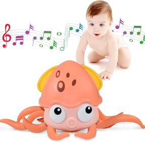 Rechargeable Baby Crawling Octopus Toy with Music LED Lighting Children Electric Moving Walking Kid Toy Obstacle Avoidance Function Suit for Kids Over (Color: Pink)